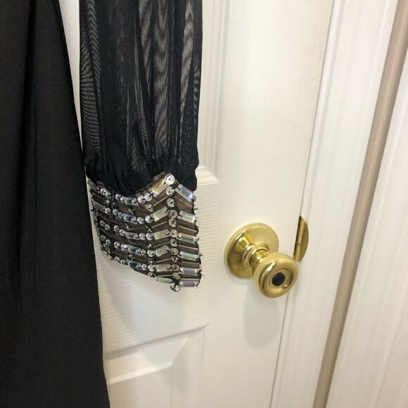 Jodi Kristopher black mini dress with long sheer sleeves and rhinestone cuffs - Picture 4 of 16